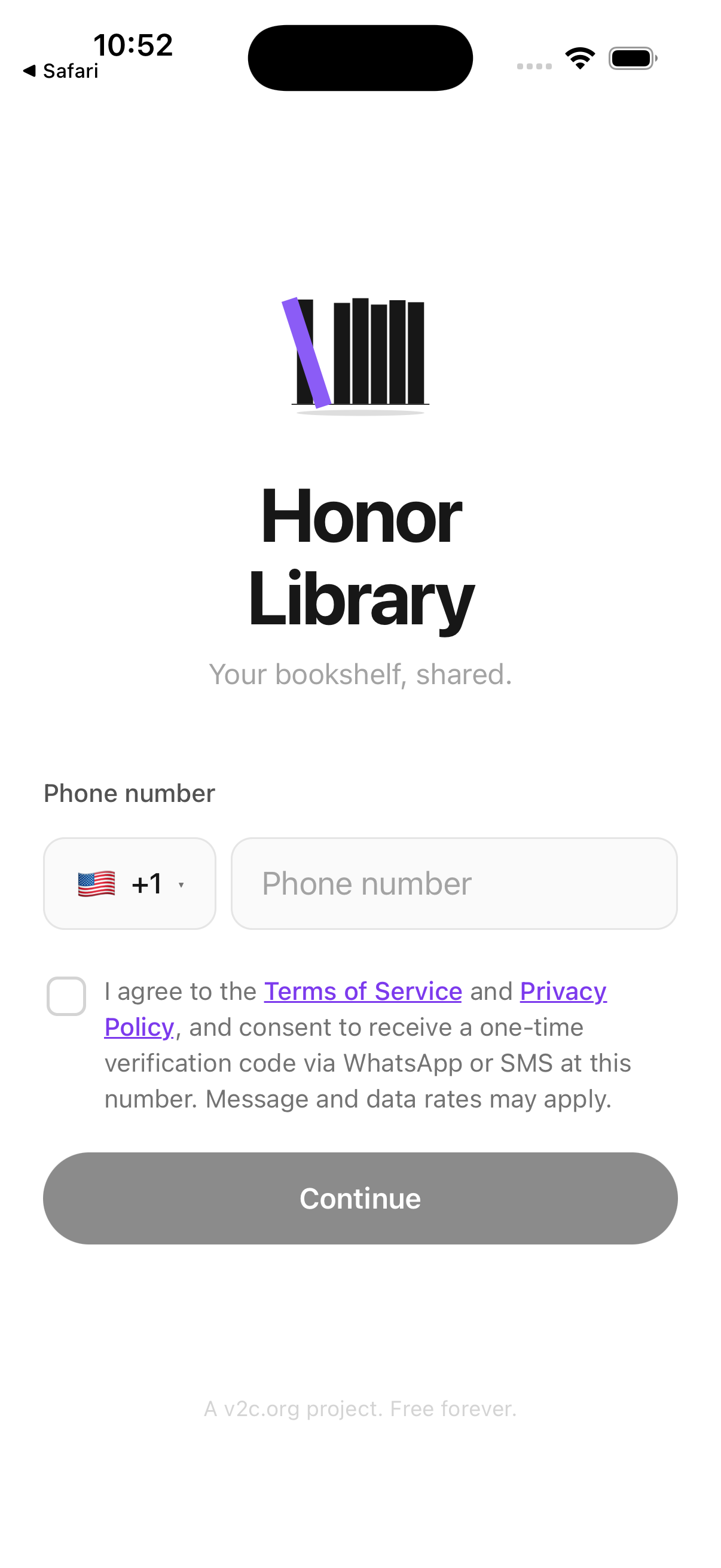 Honor Library sign-in screen showing the phone number field, country picker, explicit Terms and Privacy consent checkbox, and Continue button.